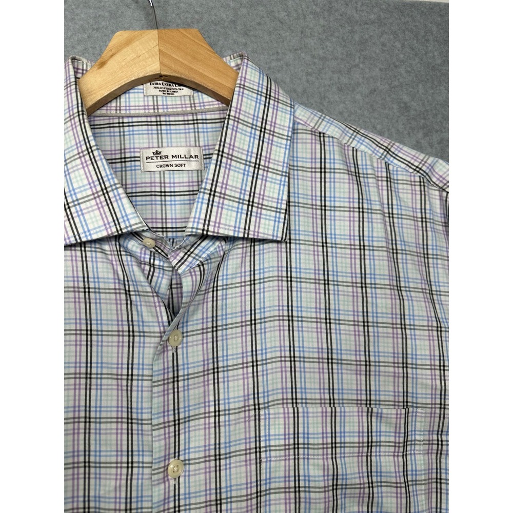 Peter Millar Crown Soft Plaid Button‎ Down Shirt Mens XX Large Cotton Silk